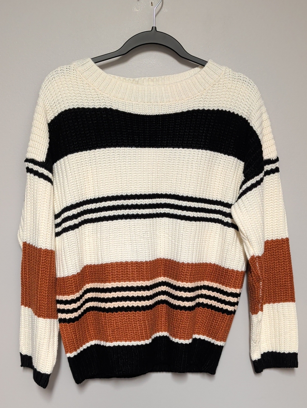Striped Scoop Neck Sweater in Cream, Black & Brown